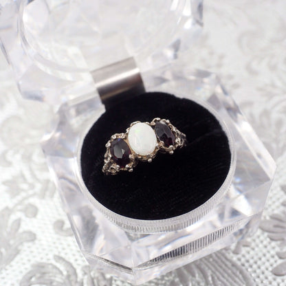 Vintage 1970s Opal, Spessartine Garnet, and Sterling Silver Three Stone Ring Size 7.25