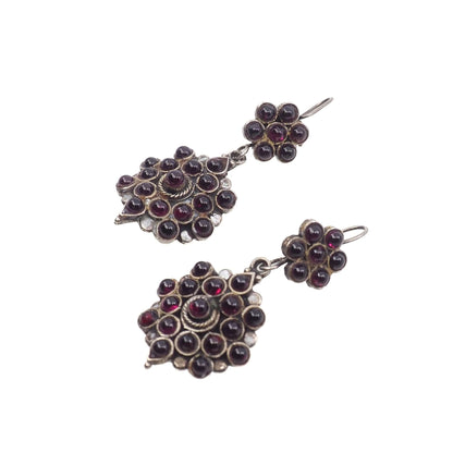 Vintage 1990s Almandite Garnet and Sterling Silver Drop Cluster Pierced Earrings