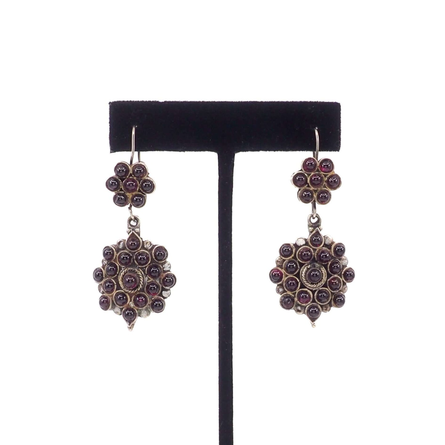 Vintage 1990s Almandite Garnet and Sterling Silver Drop Cluster Pierced Earrings
