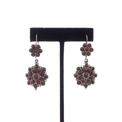 Vintage 1990s Almandite Garnet and Sterling Silver Drop Cluster Pierced Earrings