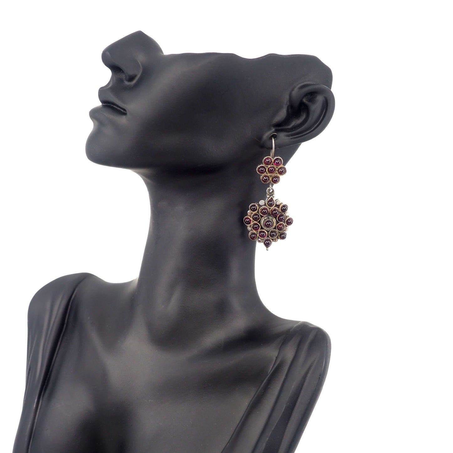 Vintage 1990s Almandite Garnet and Sterling Silver Drop Cluster Pierced Earrings