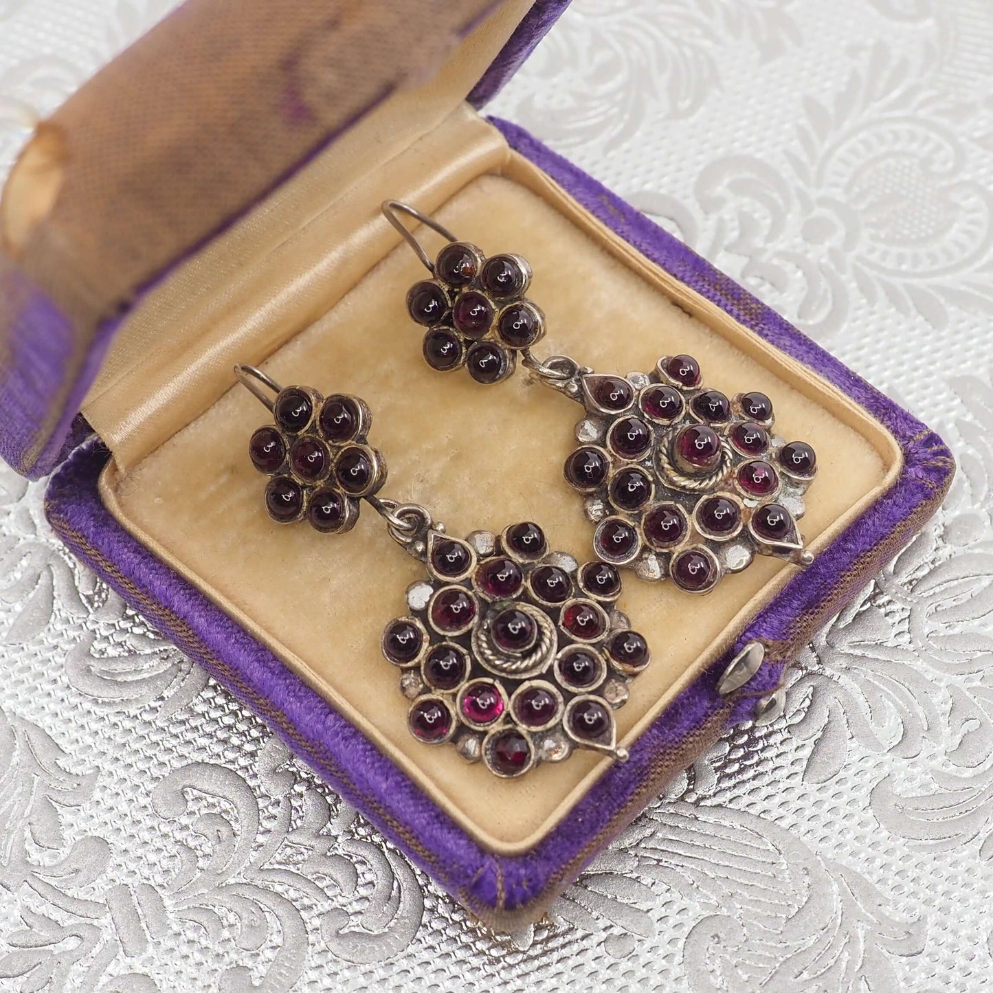 Vintage 1990s Almandite Garnet and Sterling Silver Drop Cluster Pierced Earrings