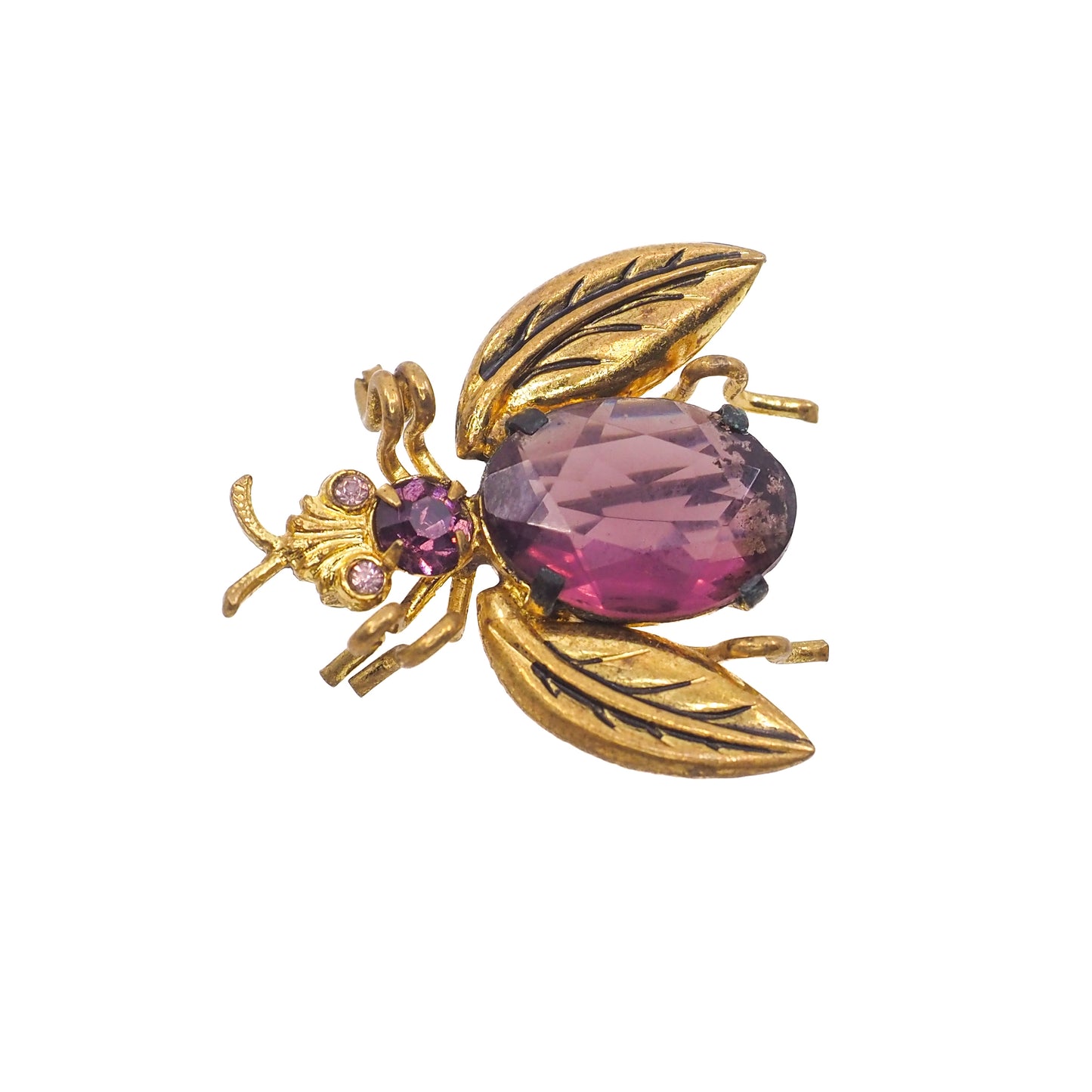 Vintage 1930s Czechoslovakia Purple Brass and Glass Fly Bug Brooch