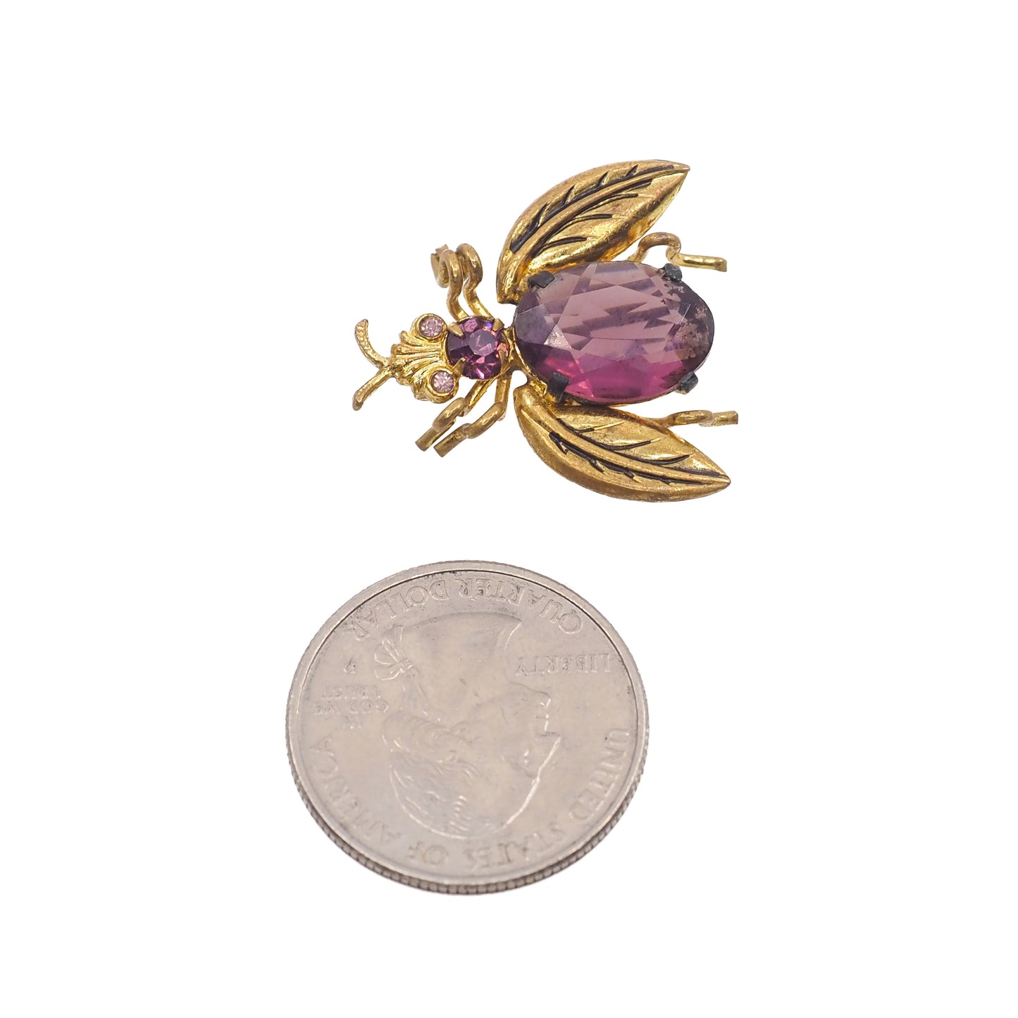 Vintage 1930s Czechoslovakia Purple Brass and Glass Fly Bug Brooch