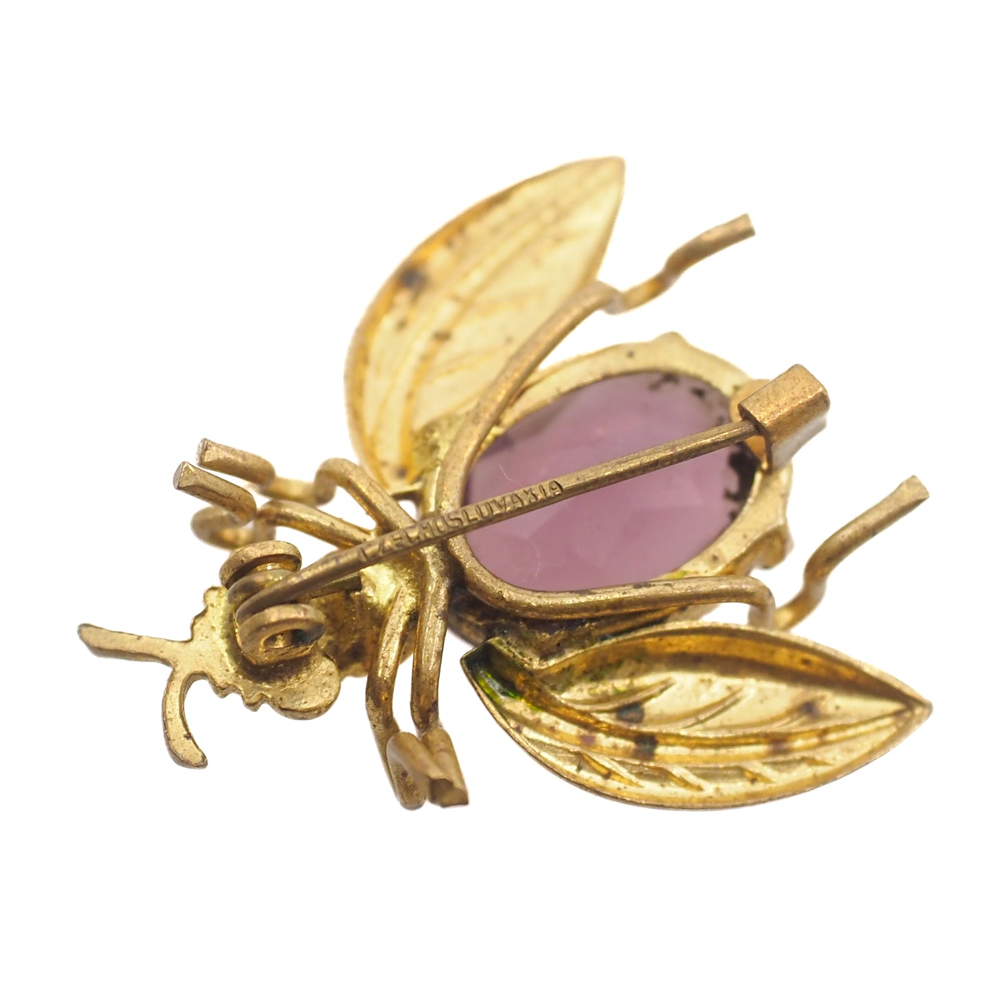 Vintage 1930s Czechoslovakia Purple Brass and Glass Fly Bug Brooch
