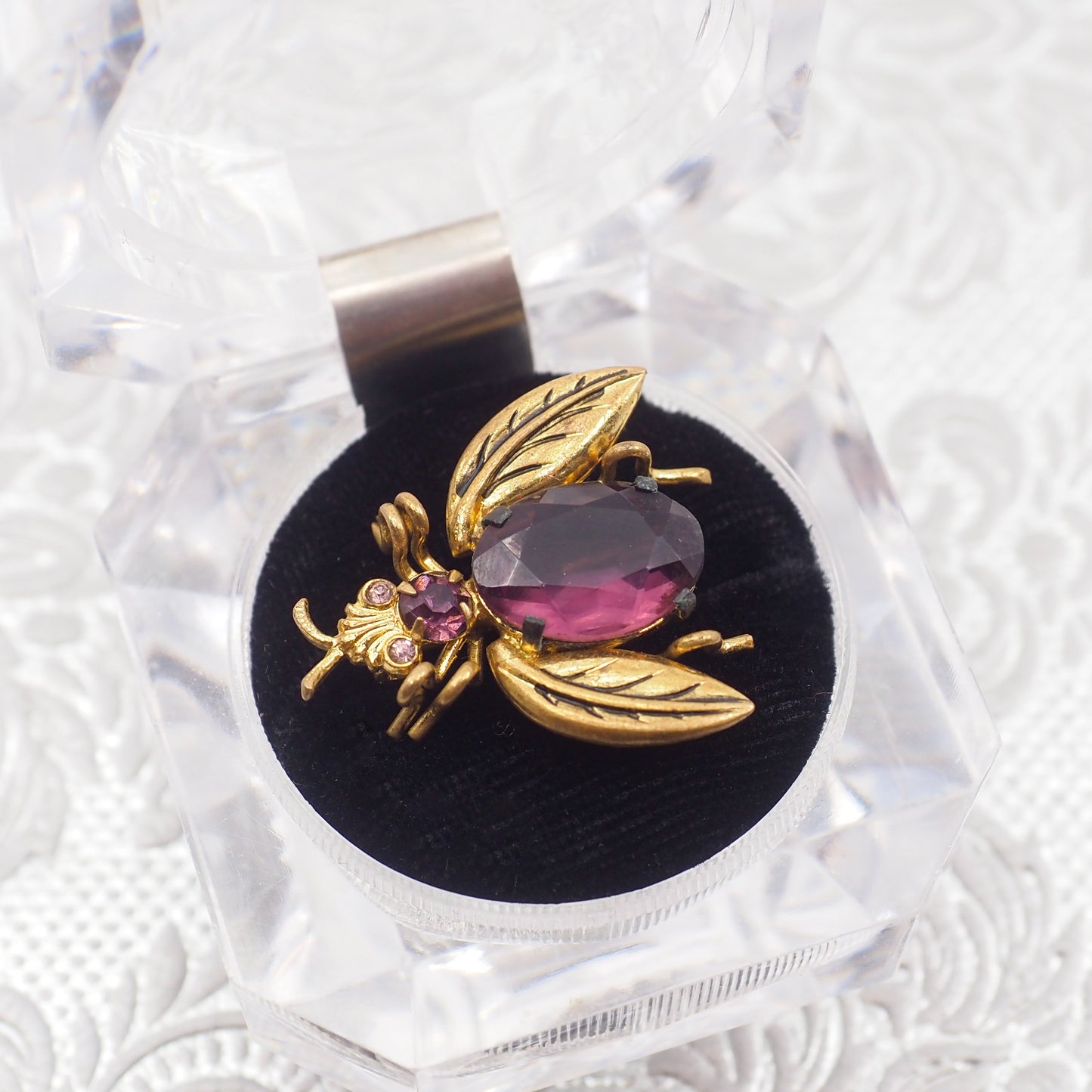 Vintage 1930s Czechoslovakia Purple Brass and Glass Fly Bug Brooch