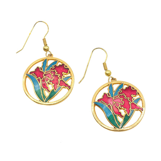 Vintage 1980s Colorful Red Flower Enamel and Gold Tone Metal Drop Pierced Earrings
