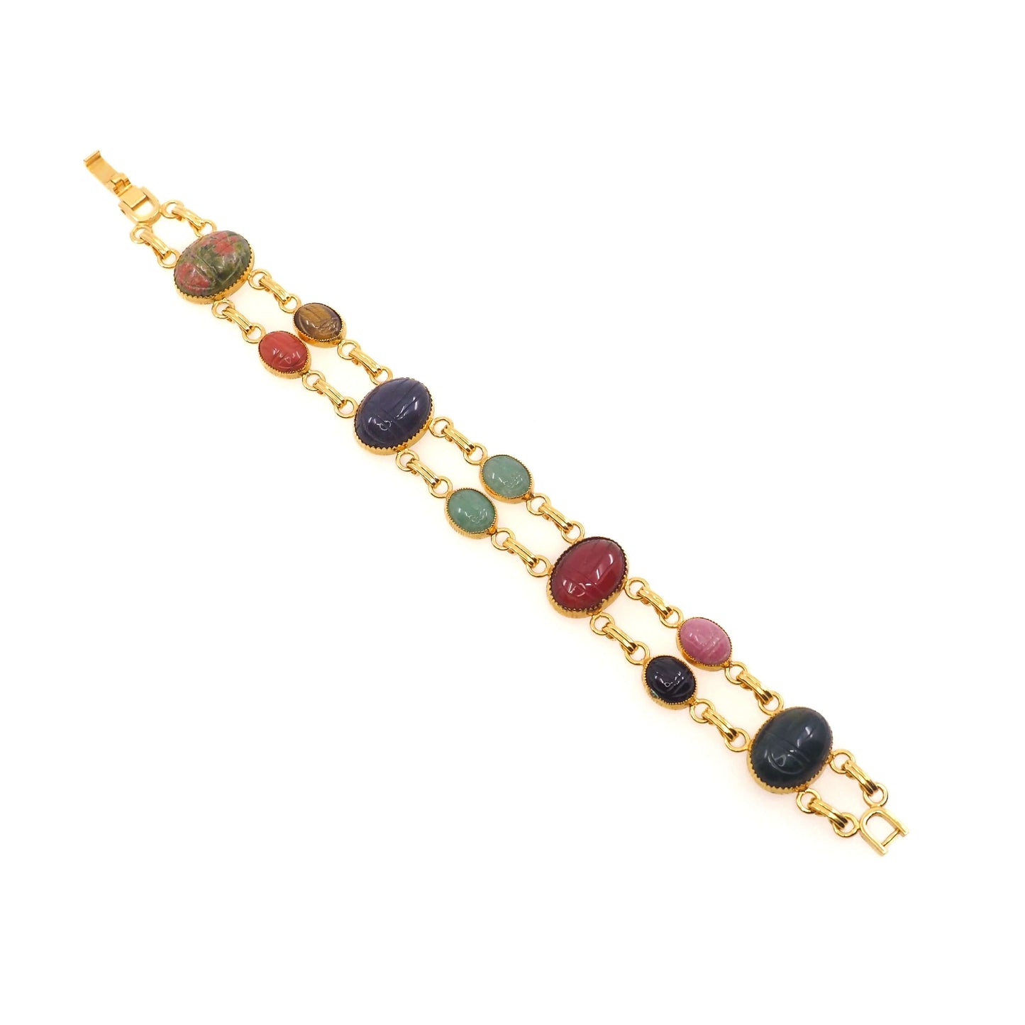 Vintage 1980s Gemstone Carved Scarab and Gold Toned 7" Bracelet