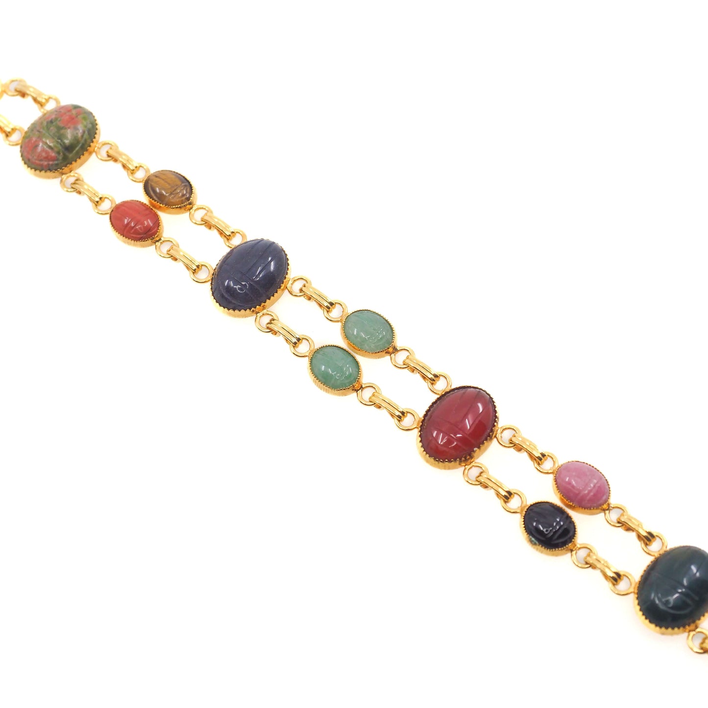Vintage 1980s Gemstone Carved Scarab and Gold Toned 7" Bracelet
