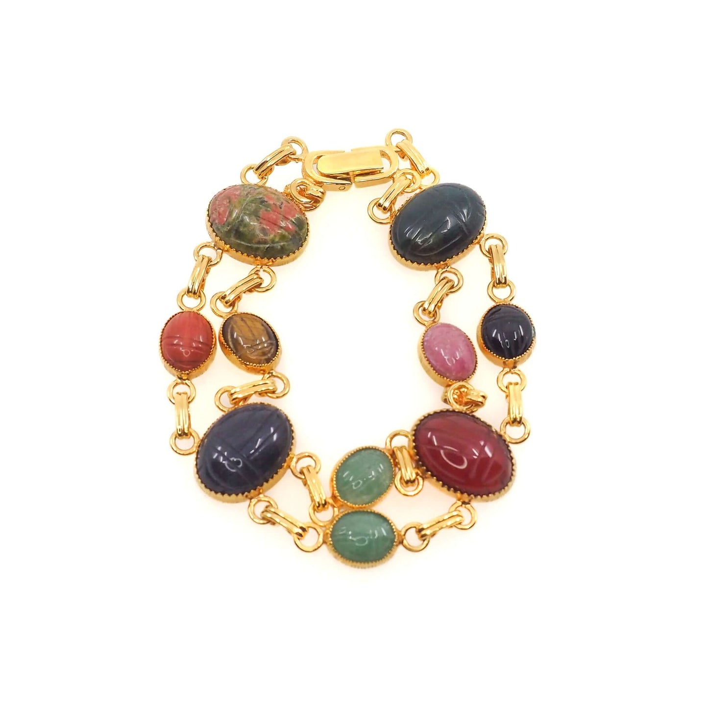 Vintage 1980s Gemstone Carved Scarab and Gold Toned 7" Bracelet