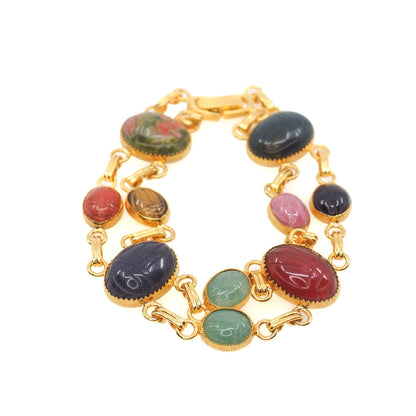 Vintage 1980s Gemstone Carved Scarab and Gold Toned 7" Bracelet