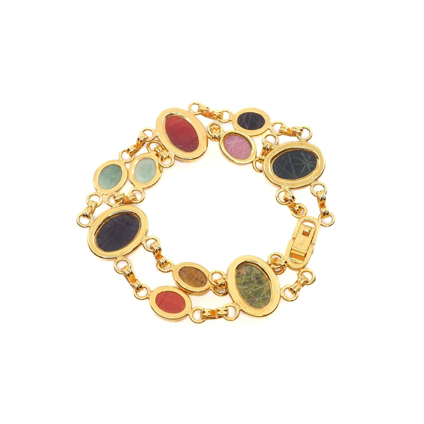 Vintage 1980s Gemstone Carved Scarab and Gold Toned 7" Bracelet