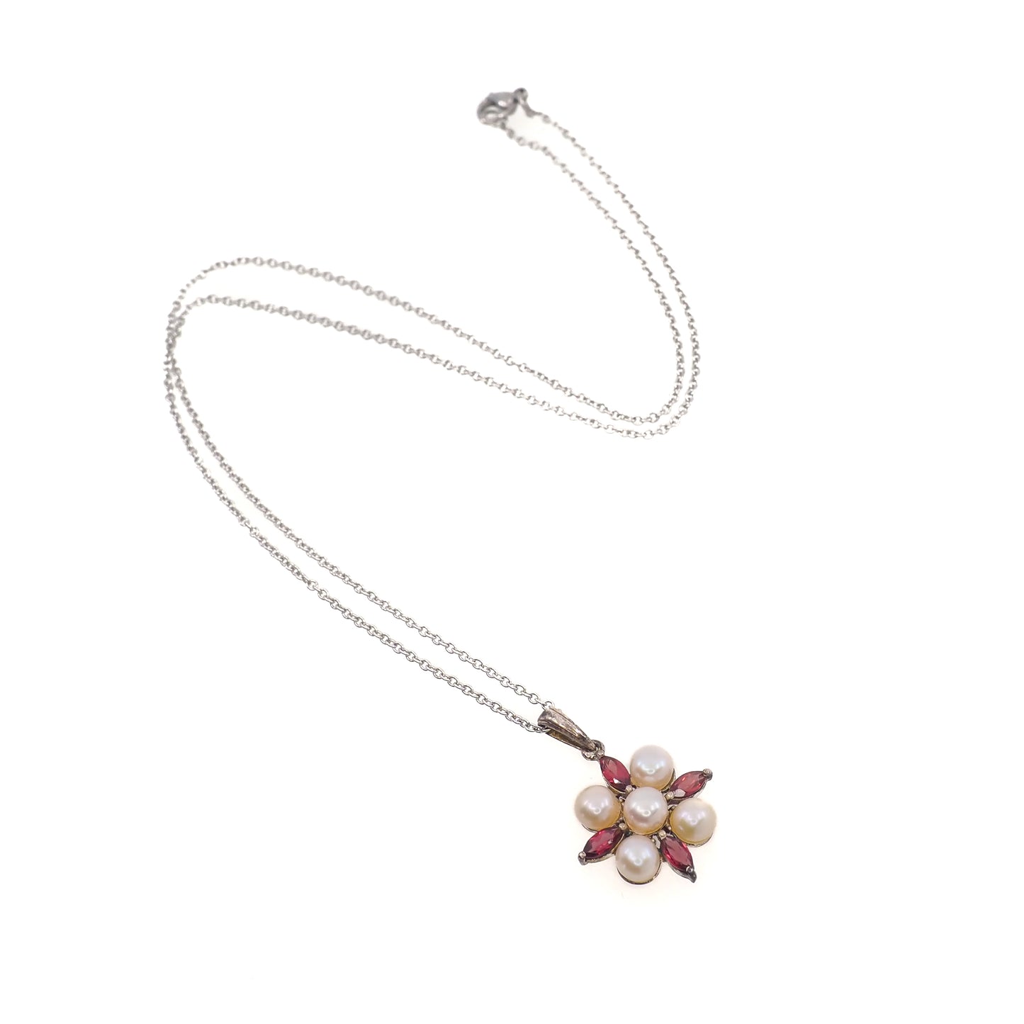 Vintage 1990s Garnet and Cultured Pearl Sterling Silver Cluster 20" Necklace