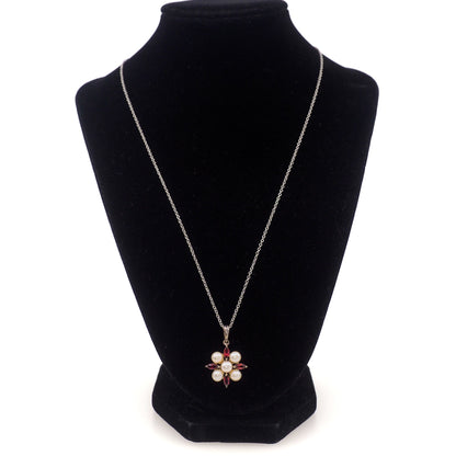 Vintage 1990s Garnet and Cultured Pearl Sterling Silver Cluster 20" Necklace