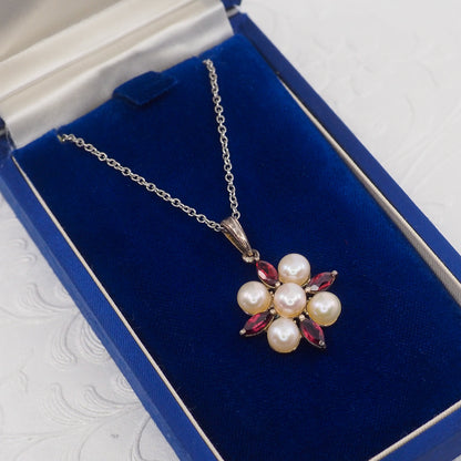 Vintage 1990s Garnet and Cultured Pearl Sterling Silver Cluster 20" Necklace