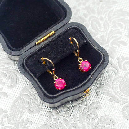 Vintage 1990s Lab-Created Ruby and Yellow Gold Vermeil Lever Back Earrings