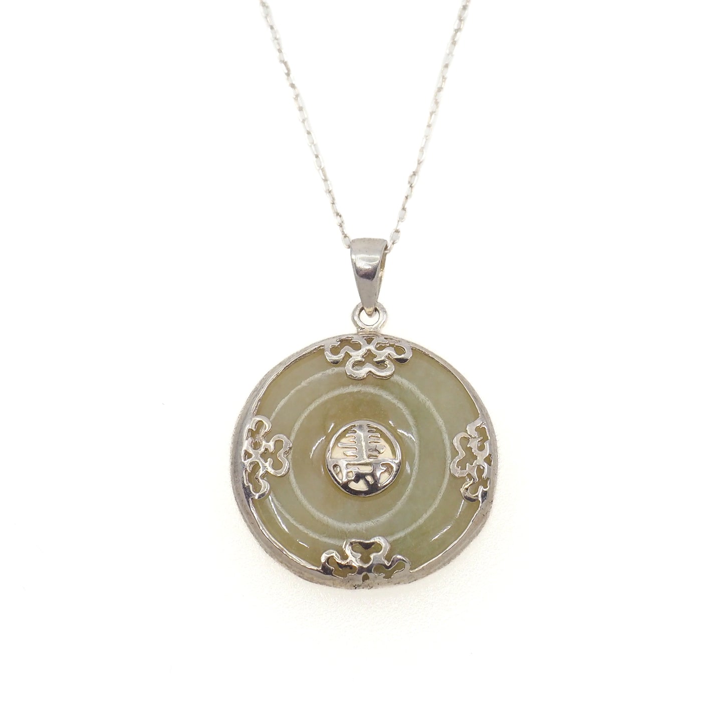 Vintage 1990s Greyish Green Jade and Sterling Silver Blessings Circle 22" Necklace