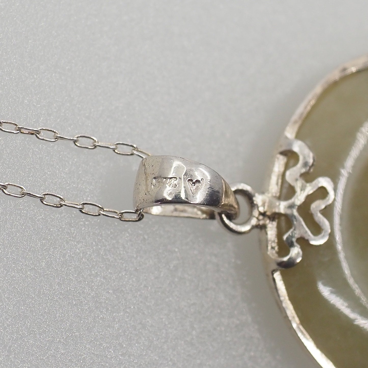 Vintage 1990s Greyish Green Jade and Sterling Silver Blessings Circle 22" Necklace