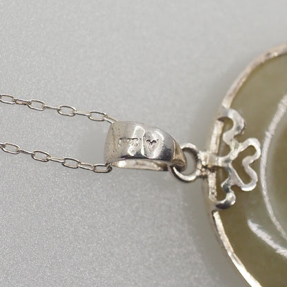 Vintage 1990s Greyish Green Jade and Sterling Silver Blessings Circle 22" Necklace