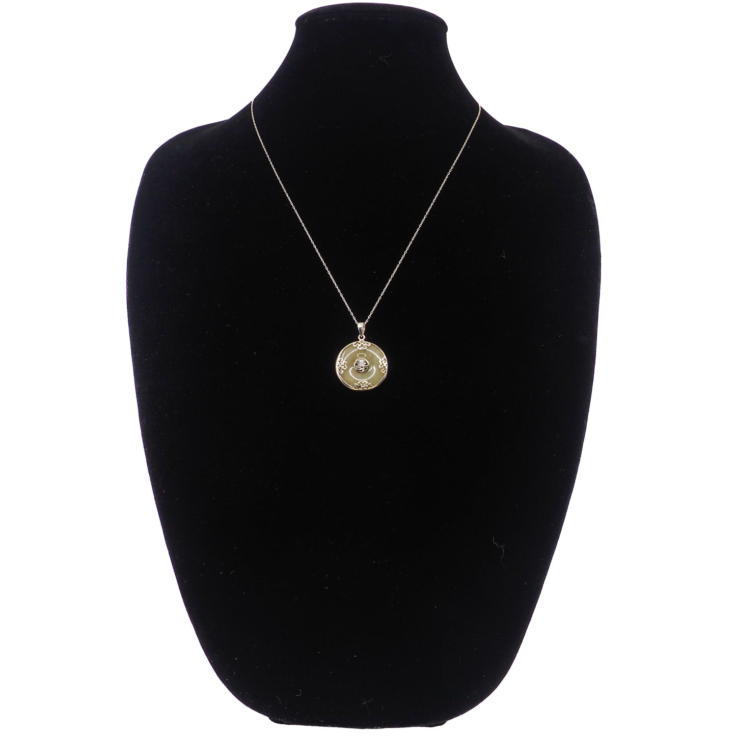 Vintage 1990s Greyish Green Jade and Sterling Silver Blessings Circle 22" Necklace