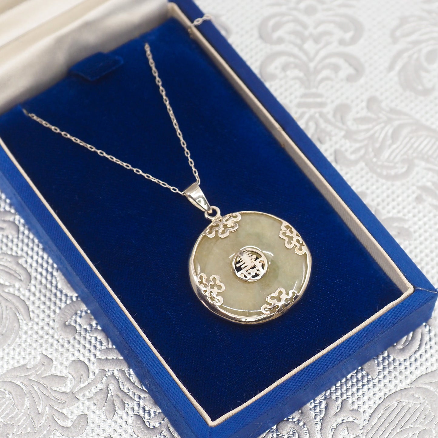 Vintage 1990s Greyish Green Jade and Sterling Silver Blessings Circle 22" Necklace