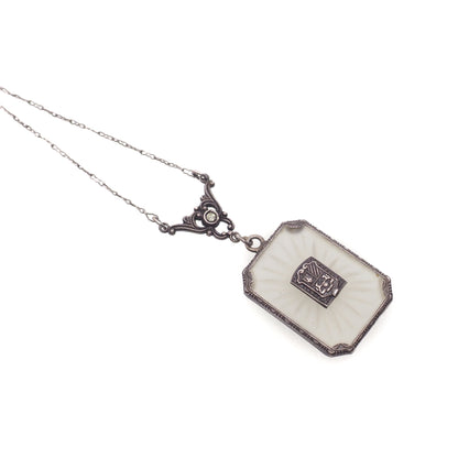 Antique 1920s Art Deco Camphor Glass, Marcasite, and Sterling Silver Choker 17" Necklace