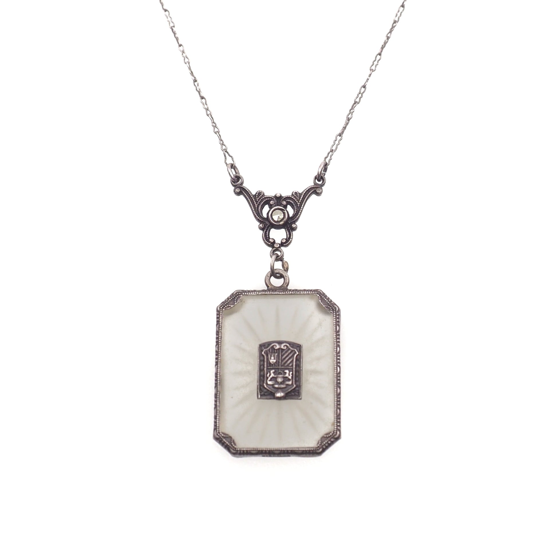 Necklace with a rectangular pendant on a white background