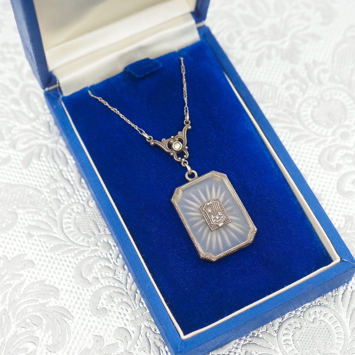 Antique 1920s Art Deco Camphor Glass, Marcasite, and Sterling Silver Choker 17" Necklace