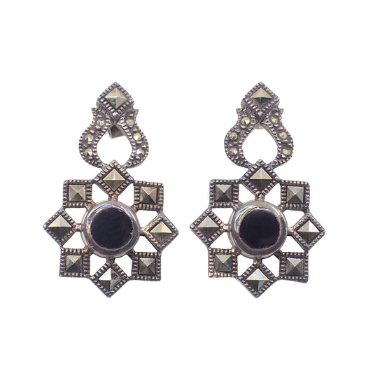Vintage 1980s Black Onyx, Marcasite, and Sterling Silver Flower Drop Earrings