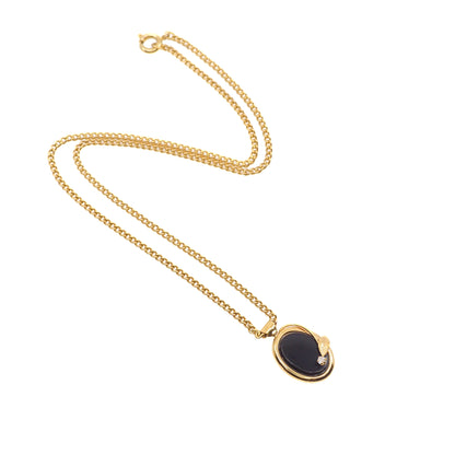 Vintage 1970s Black Onyx, Lab Moissanite Gold Filled Choker 16" Necklace