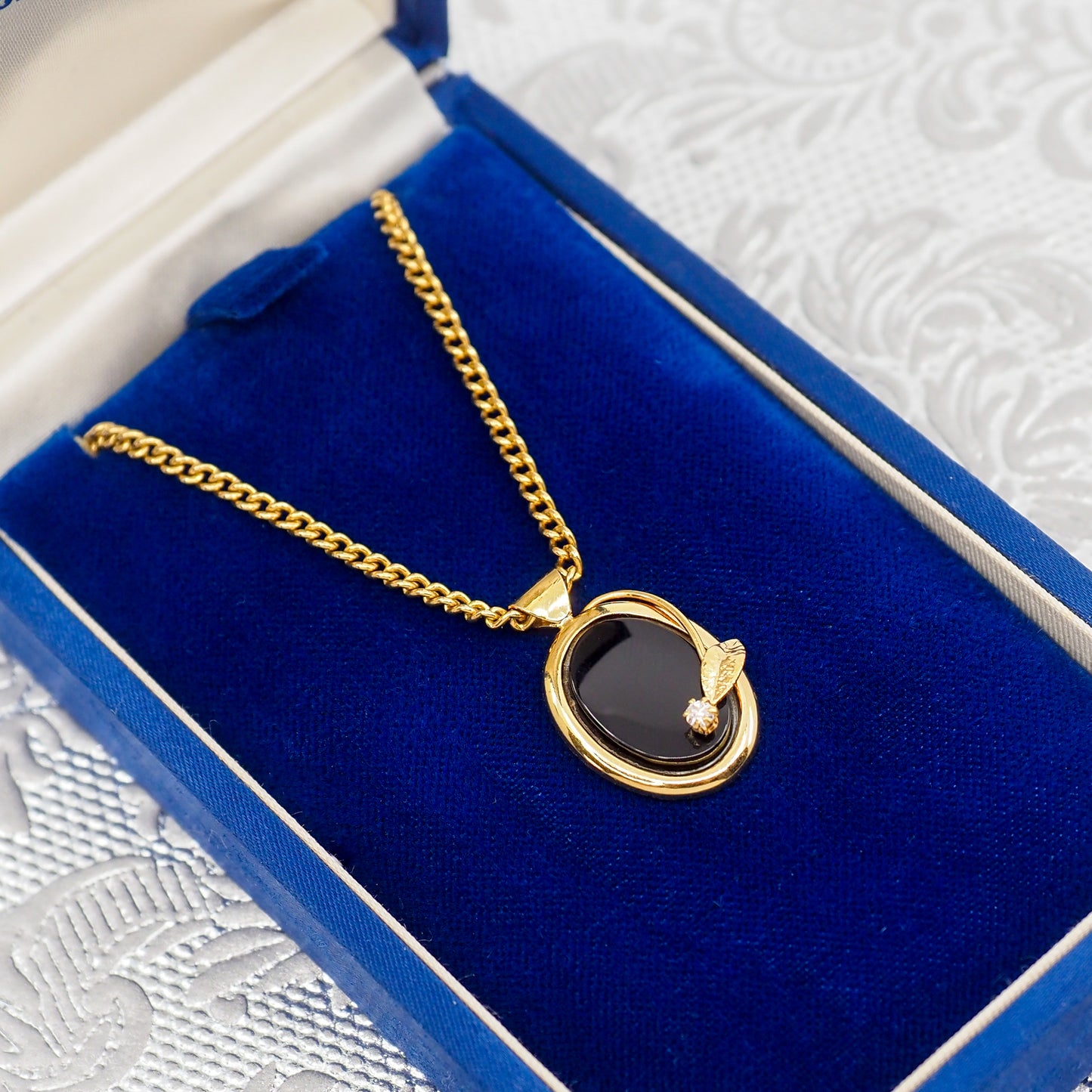 Vintage 1970s Black Onyx, Lab Moissanite Gold Filled Choker 16" Necklace