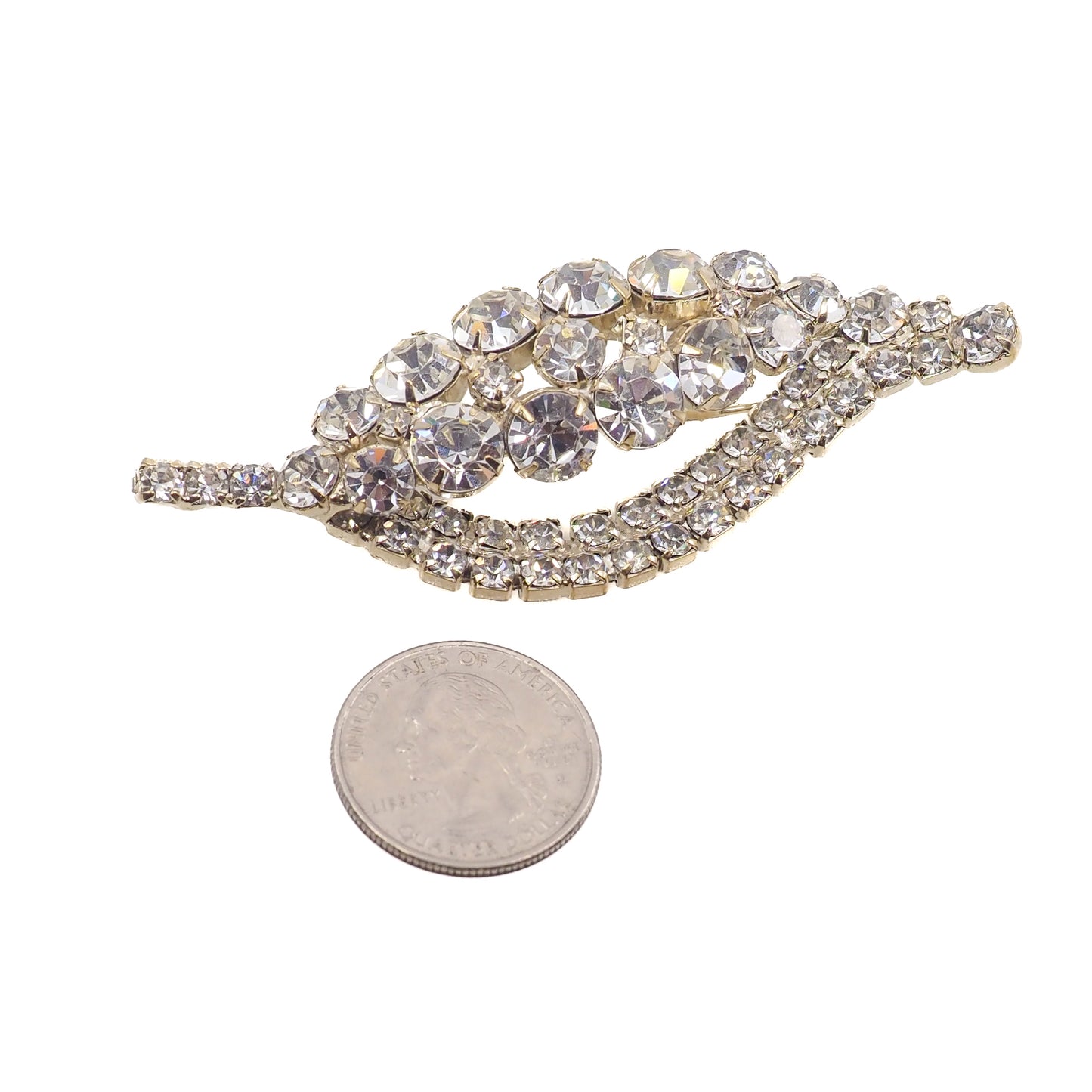 Vintage 1950s Leaf Clear Rhinestone Statement Gold Tone Large Brooch