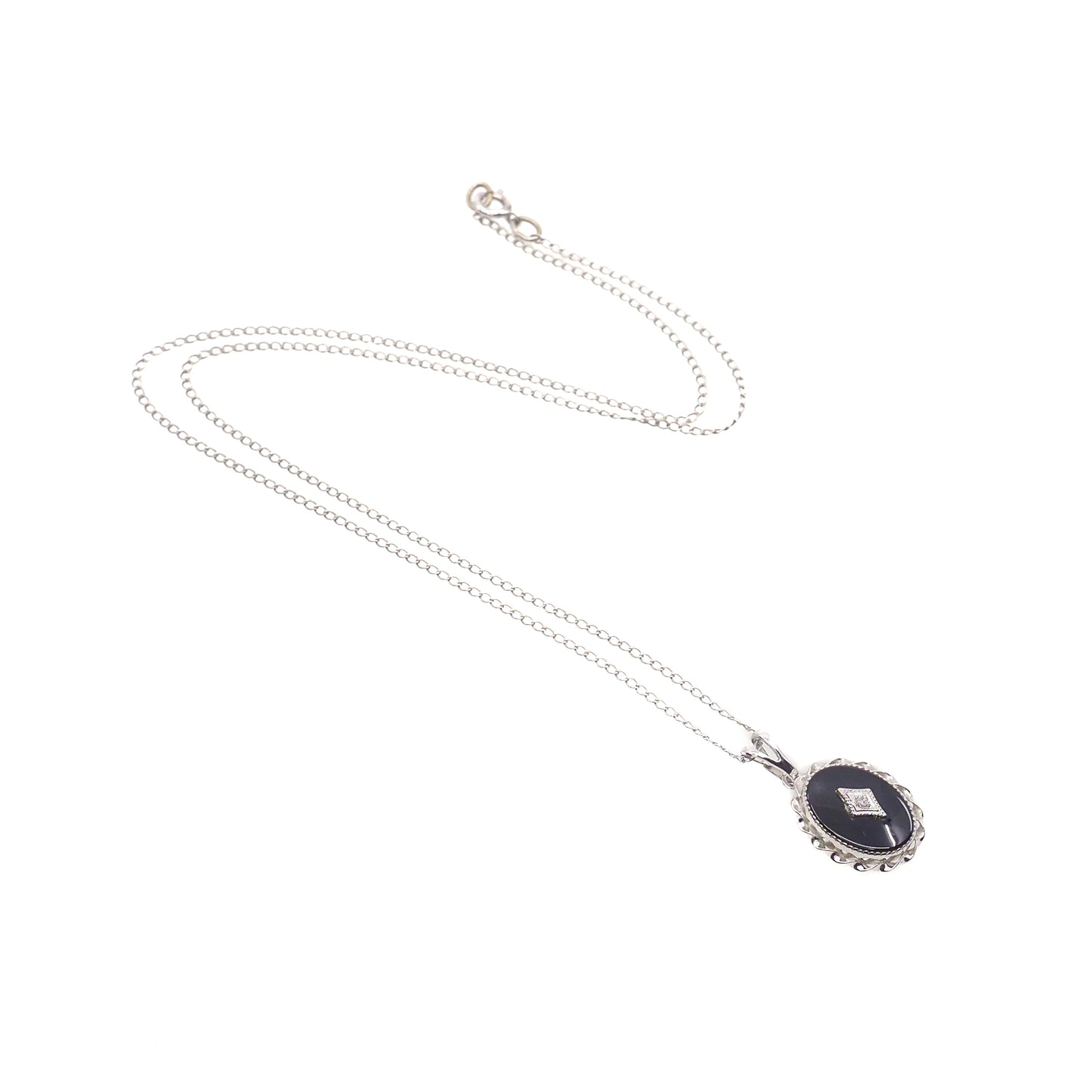 Vintage 1950s UNCAS Art Deco Style Onyx, Diamond, and White Gold Filled 18" Necklace