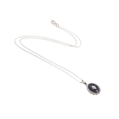 Vintage 1950s UNCAS Art Deco Style Onyx, Diamond, and White Gold Filled 18" Necklace