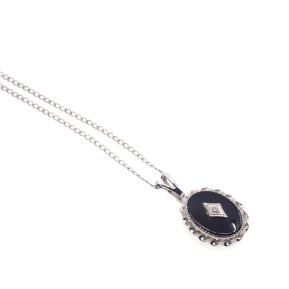 Vintage 1950s UNCAS Art Deco Style Onyx, Diamond, and White Gold Filled 18" Necklace