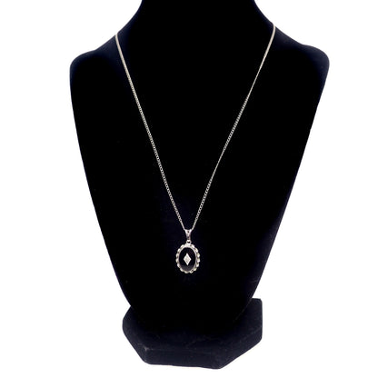 Vintage 1950s UNCAS Art Deco Style Onyx, Diamond, and White Gold Filled 18" Necklace