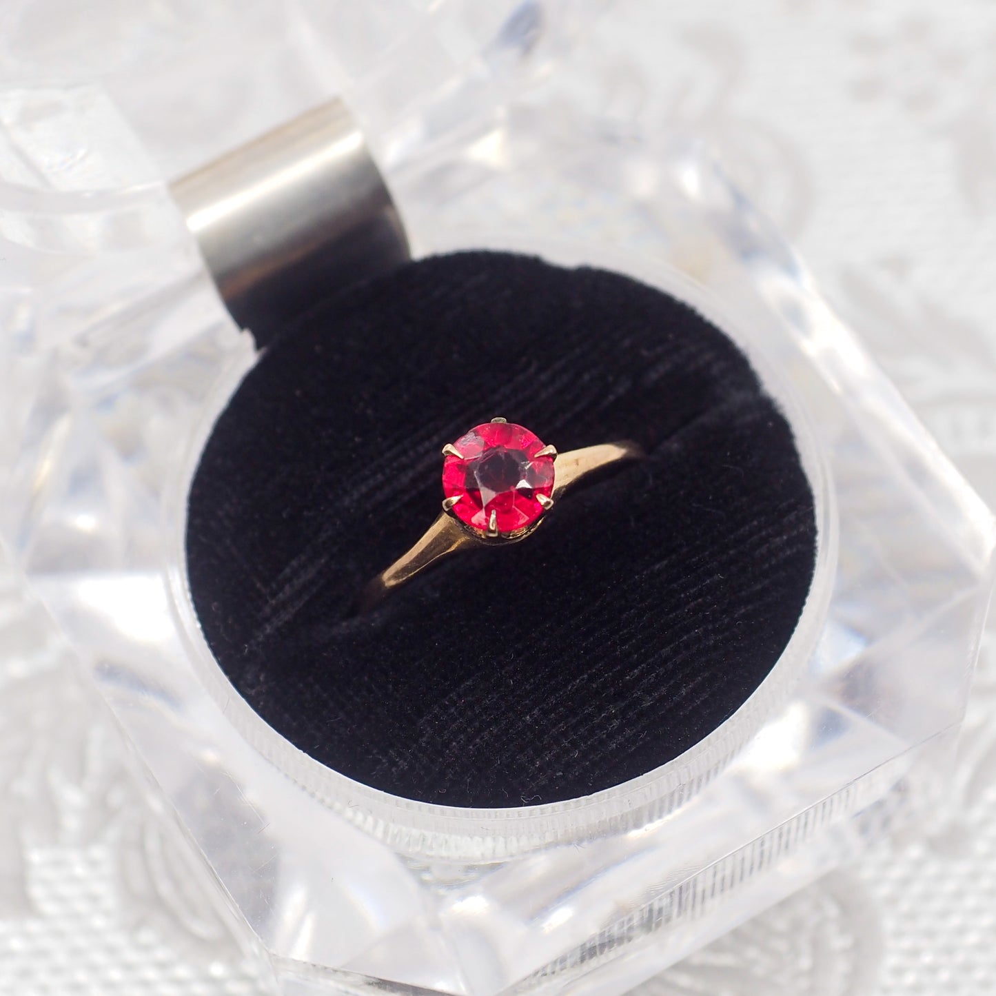 Antique 1900s Edwardian 10K Yellow Gold and Red Glass Solitaire Ring Size 8.25