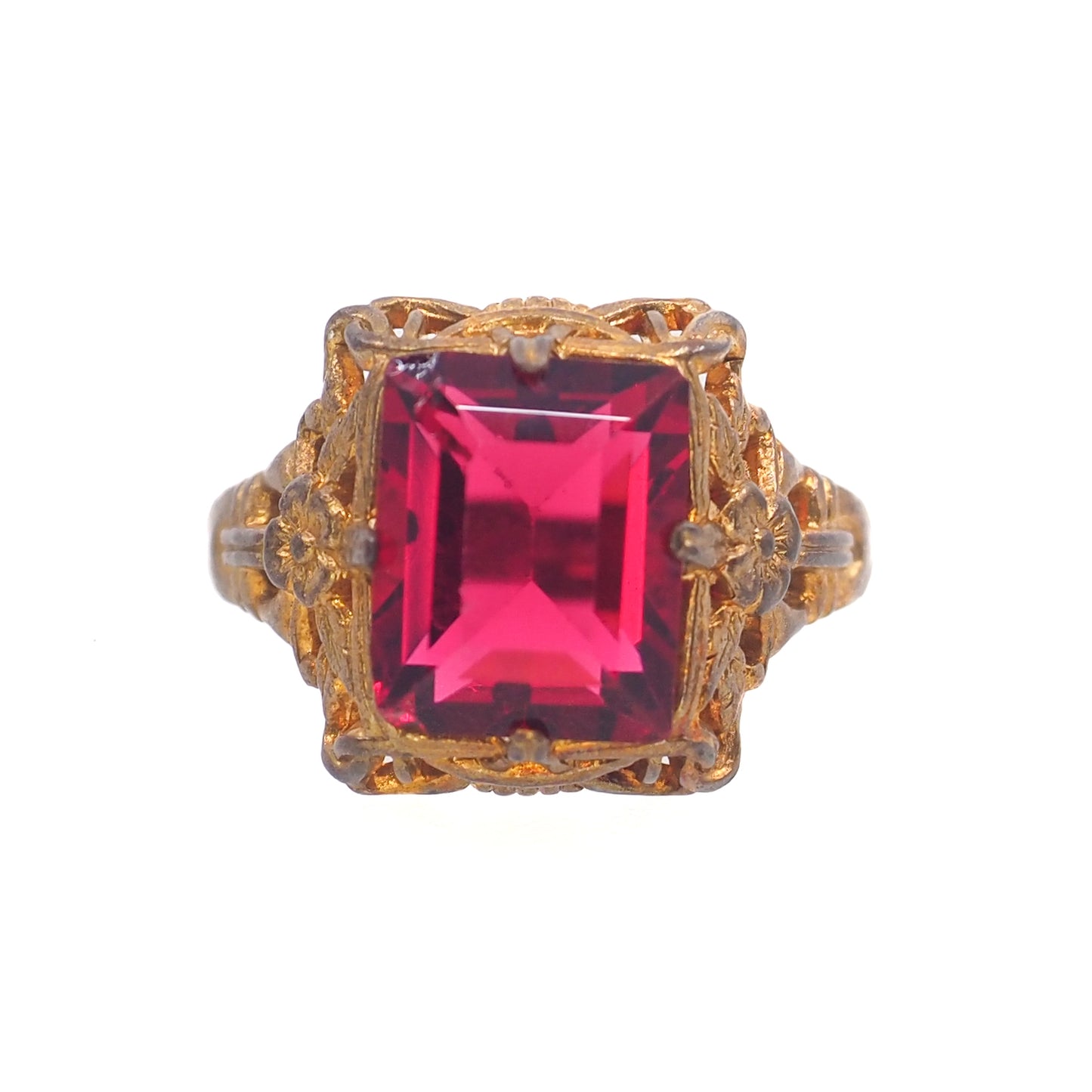 Vintage 1930s UNCAS Art Deco Red Glass and Gold Filled Ring Size 6