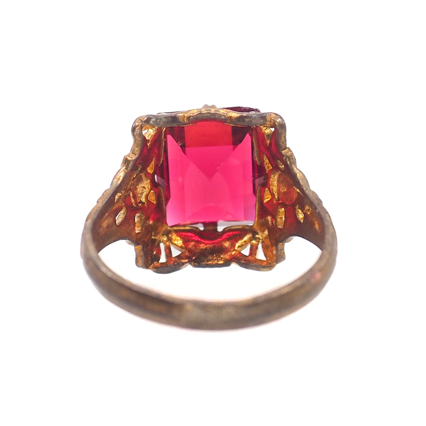 Vintage 1930s UNCAS Art Deco Red Glass and Gold Filled Ring Size 6