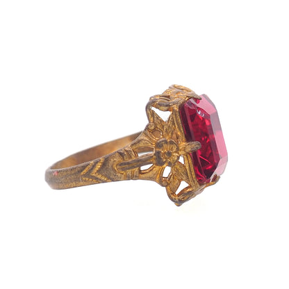 Vintage 1930s UNCAS Art Deco Red Glass and Gold Filled Ring Size 6
