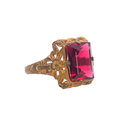 Vintage 1930s UNCAS Art Deco Red Glass and Gold Filled Ring Size 6