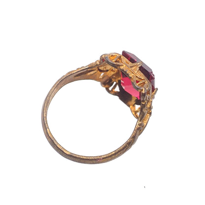 Vintage 1930s UNCAS Art Deco Red Glass and Gold Filled Ring Size 6
