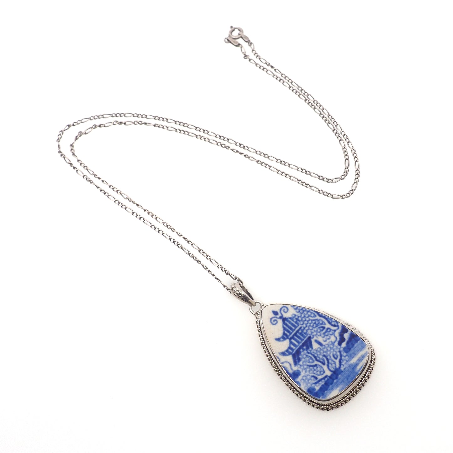 Vintage 1990s Broken Blue Willow China and Sterling Silver Pagoda Pendant 24" Necklace