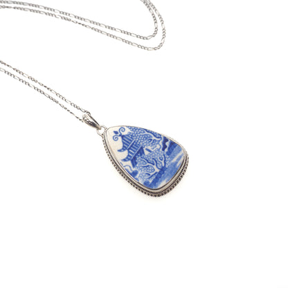 Vintage 1990s Broken Blue Willow China and Sterling Silver Pagoda Pendant 24" Necklace