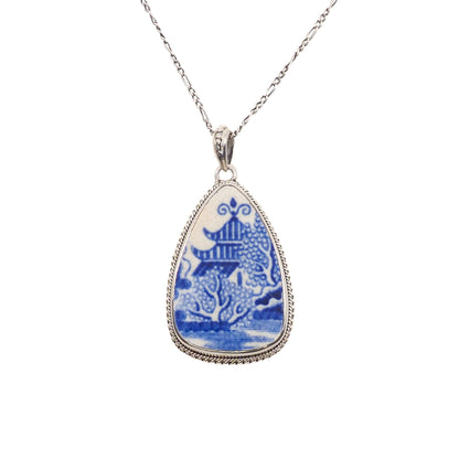 Vintage 1990s Broken Blue Willow China and Sterling Silver Pagoda Pendant 24" Necklace