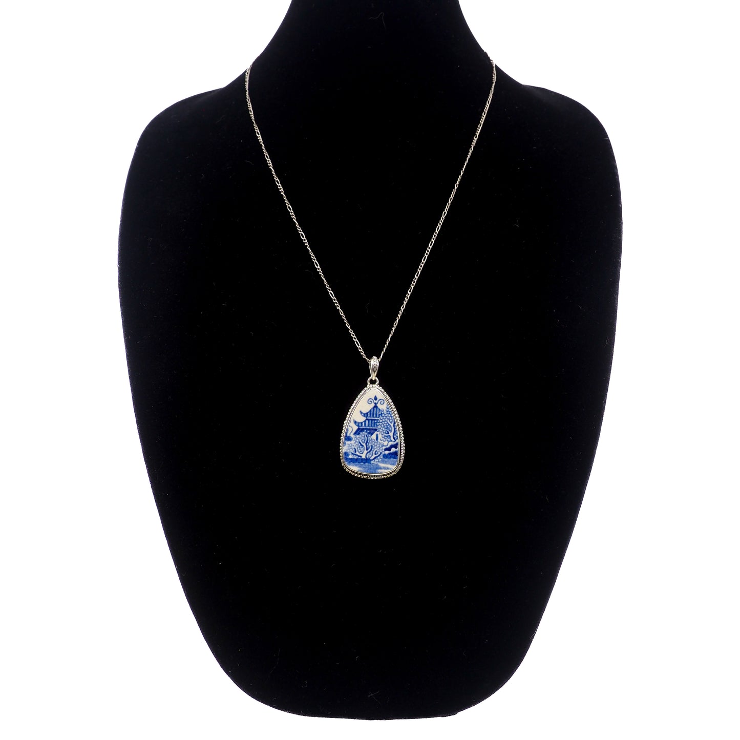 Vintage 1990s Broken Blue Willow China and Sterling Silver Pagoda Pendant 24" Necklace