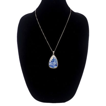 Vintage 1990s Broken Blue Willow China and Sterling Silver Pagoda Pendant 24" Necklace