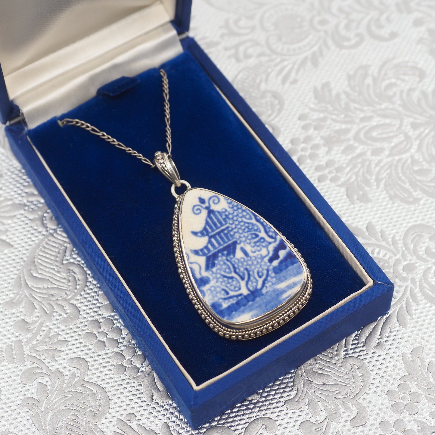 Vintage 1990s Broken Blue Willow China and Sterling Silver Pagoda Pendant 24" Necklace