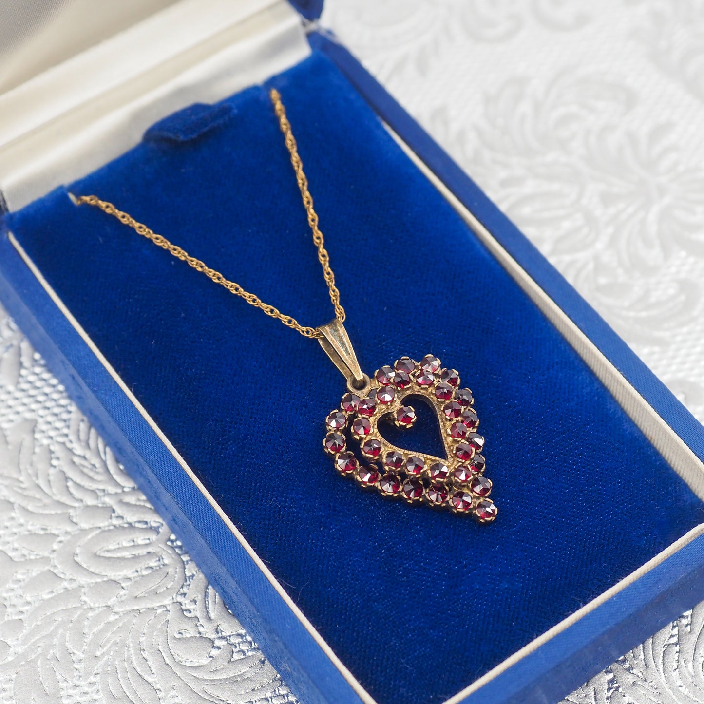 Vintage 1960s GRANAT TURNOV Bohemian Garnet and Vermeil Heart Pendant 18" Necklace