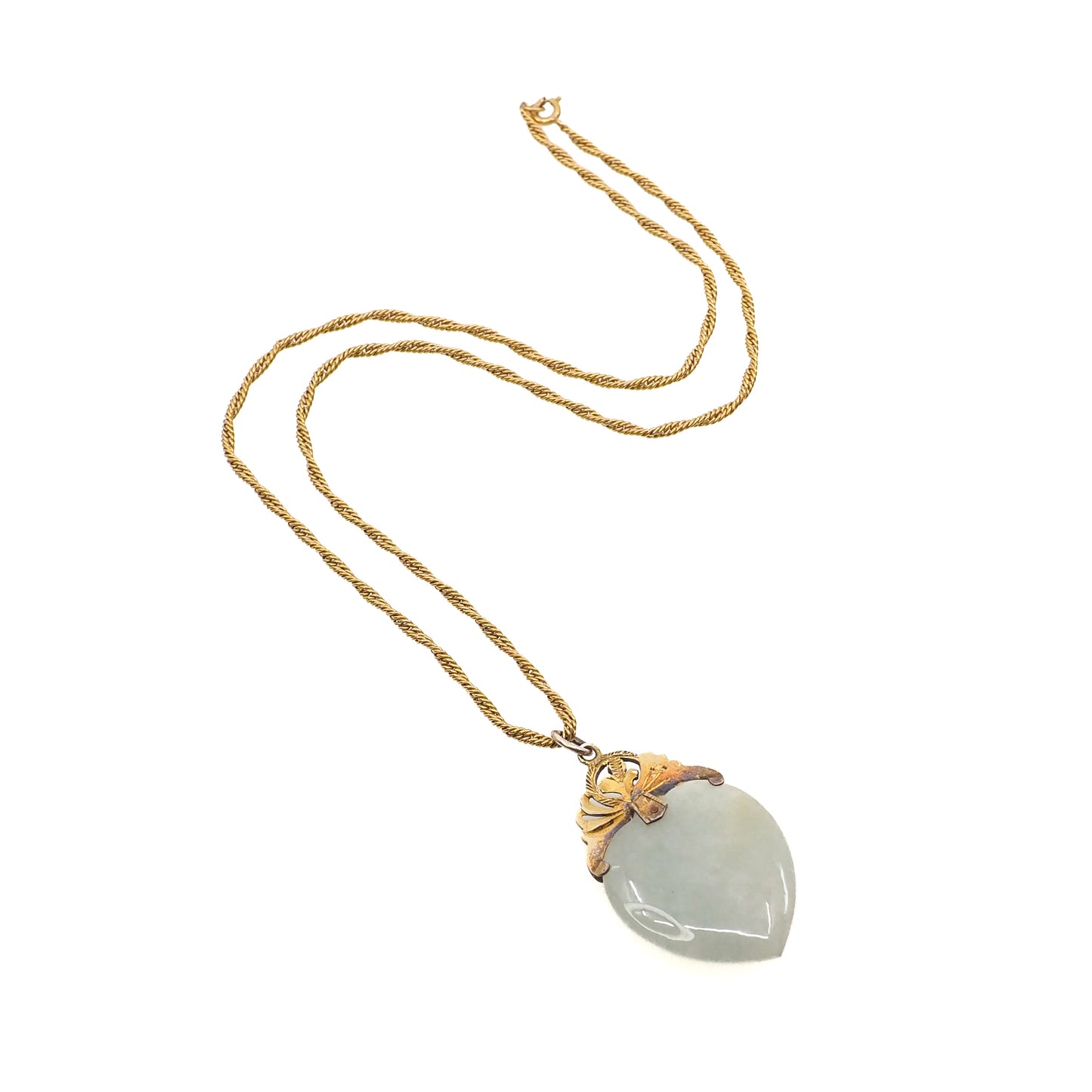 Vintage 1960s Heart Green Jadeite Jade and Gold Filled 18" Necklace